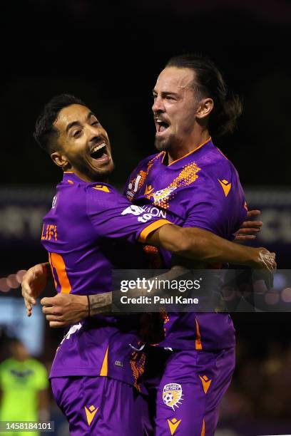 Salim Khelifi and Ryan Williams of the Glory celebrate a goal during the round 13 A-League Men's match between Perth Glory and Melbourne Victory at...