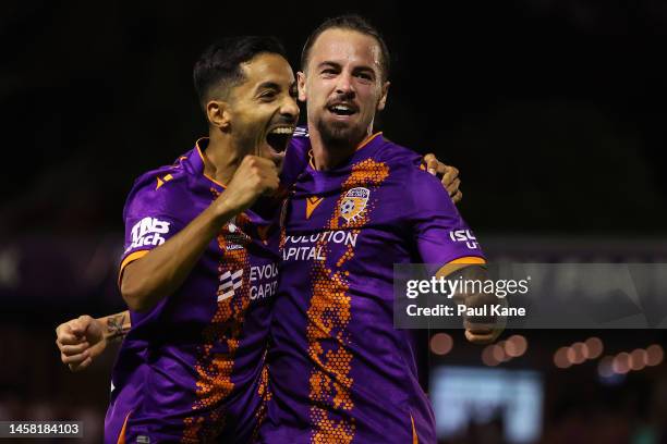 Salim Khelifi and Ryan Williams of the Glory celebrate a goal during the round 13 A-League Men's match between Perth Glory and Melbourne Victory at...