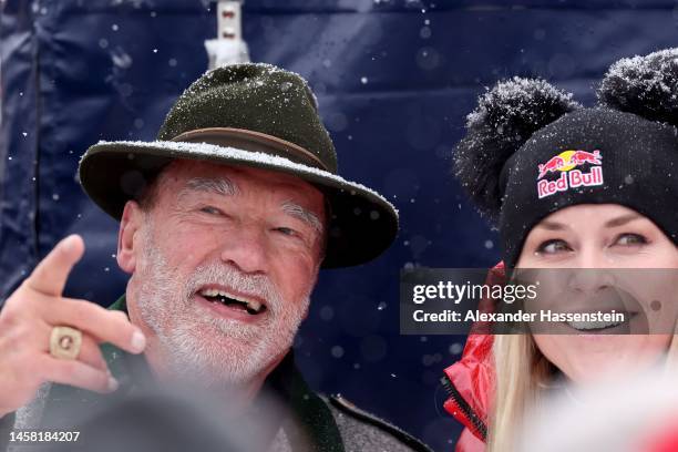 Arnold Alois Schwarzenegger attends with Lindsey Vonn the Men's Downhill of the Audi FIS Alpine Ski World Cup at the Streif ski course on January 21,...