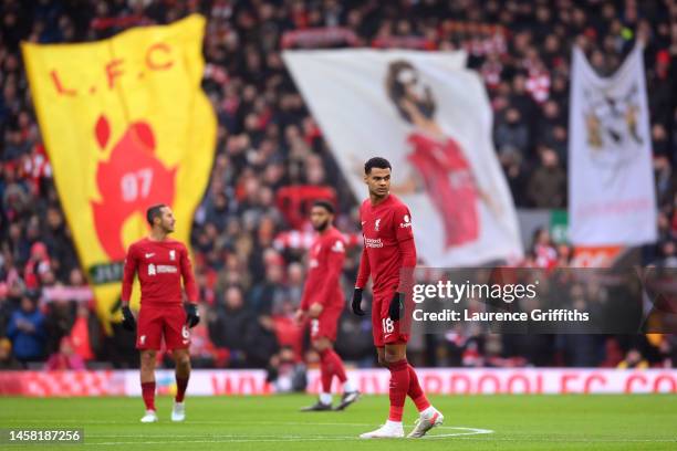 Cody Gakpo of Liverpool looks on prior to the Premier League match between Liverpool FC and Chelsea FC at Anfield on January 21, 2023 in Liverpool,...