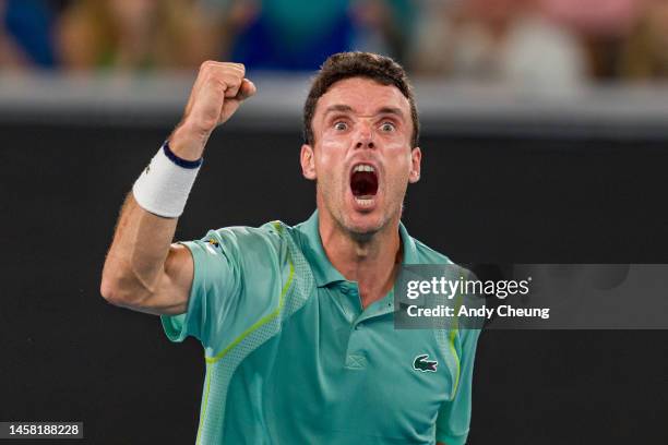 Roberto Bautista Agut of Spain celebrates match point in the third round singles match against Andy Murray of Great Britain during day six of the...