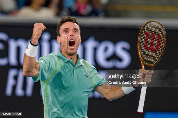 Roberto Bautista Agut of Spain celebrates match point in the third round singles match against Andy Murray of Great Britain during day six of the...