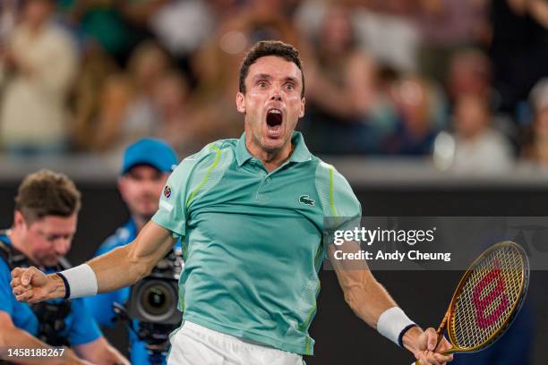 Roberto Bautista Agut of Spain celebrates match point in the third round singles match against Andy Murray of Great Britain during day six of the...