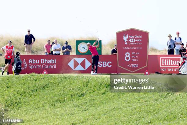 Jason Scrivener of Australia plays his tee shot on the 8th hole during the day three of the Abu Dhabi HSBC Championship at Yas Links Golf Course on...