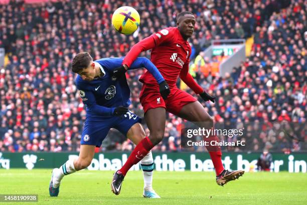 Kai Havertz of Chelsea jumps for the ball with Ibrahima Konate of Liverpool during the Premier League match between Liverpool FC and Chelsea FC at...