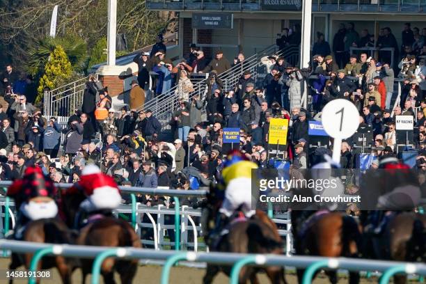 Good sized crowd watch The BetUK's Acca Club 5 Free Bet Handicap at Lingfield Park on January 21, 2023 in Lingfield, England.