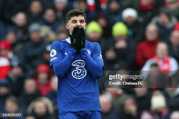 Kai Havertz of Chelsea reacts during the Premier League match between Liverpool FC and Chelsea FC at Anfield on January 21, 2023 in Liverpool,...