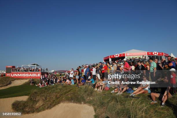 Spectators watch the action at the side of the seventeenth hole during day three of the Abu Dhabi HSBC Championship at Yas Links Golf Course on...