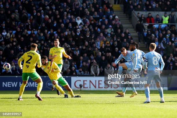 Kasey Palmer of Coventry City scores the team's second goal during the Sky Bet Championship between Coventry City and Norwich City at The Coventry...