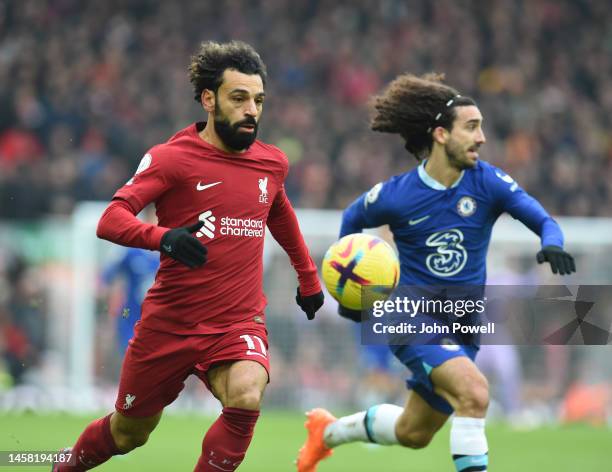 Mohamed Salah of Liverpool with Chelseas Marc Cucurella during the Premier League match between Liverpool FC and Chelsea FC at Anfield on January 21,...