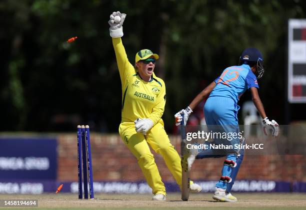 Paris Hall of Australia celebrates the wicket of Sonam Yadav of India during the ICC Women's U19 T20 World Cup 2023 Super 6 match betweenIndia...