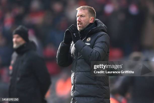Graham Potter, Manager of Chelsea, gives the team instructions during the Premier League match between Liverpool FC and Chelsea FC at Anfield on...