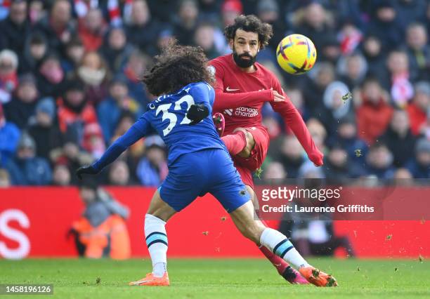 Mohamed Salah of Liverpool shoots past Marc Cucurella of Chelsea during the Premier League match between Liverpool FC and Chelsea FC at Anfield on...