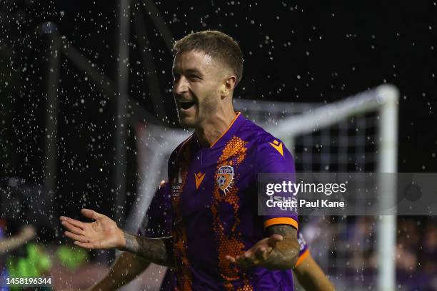 Adam Taggart of the Glory celebrates his second goal during the round 13 A-League Men's match between Perth Glory and Melbourne Victory at Macedonia...