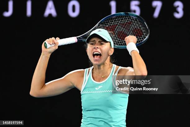 Magda Linette of Poland celebrates winning her third round singles match against Ekaterina Alexandrova during day six of the 2023 Australian Open at...