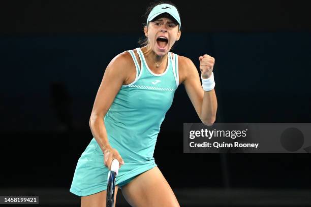 Magda Linette of Poland celebrates winning a point during her third round singles match against Ekaterina Alexandrova during day six of the 2023...