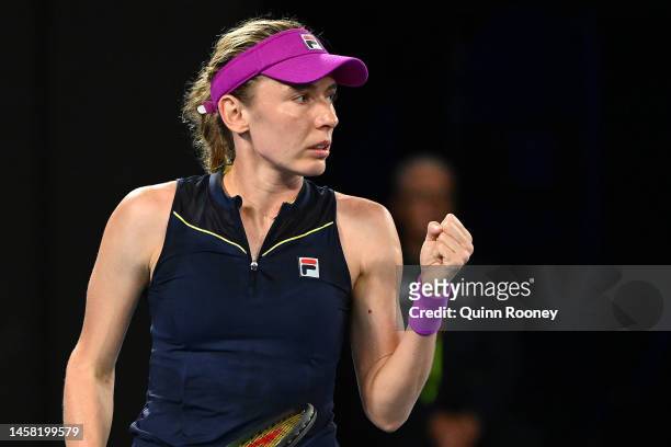 Ekaterina Alexandrova celebrates winning a point during her third round singles match against Magda Linette of Poland during day six of the 2023...