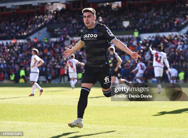 Ander Barrenetxea of Real Sociedad celebrates after scoring the team's second goal during the LaLiga Santander match between Rayo Vallecano and Real...