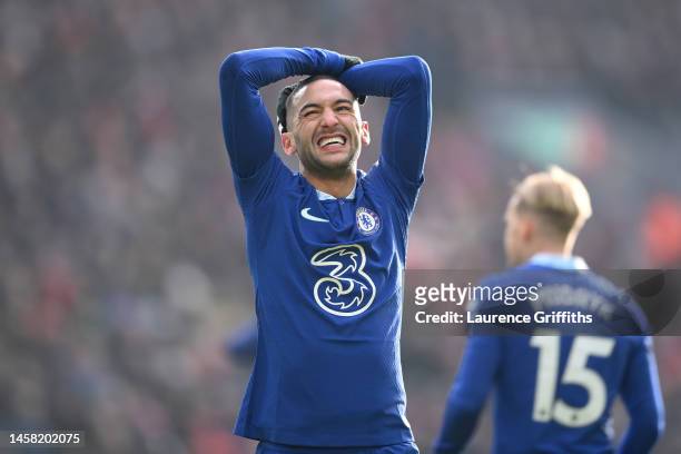 Hakim Ziyech of Chelsea reacts after a missed chance during the Premier League match between Liverpool FC and Chelsea FC at Anfield on January 21,...