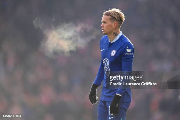 Mykhailo Mudryk of Chelsea looks on during the Premier League match between Liverpool FC and Chelsea FC at Anfield on January 21, 2023 in Liverpool,...