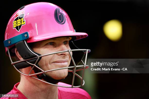 Steve Smith of the Sixers looks on before the Men's Big Bash League match between the Sydney Sixers and the Sydney Thunder at Sydney Cricket Ground,...
