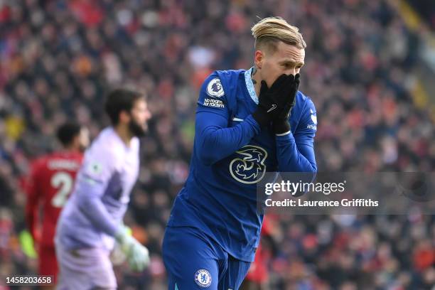 Mykhailo Mudryk of Chelsea reacts after a missed chance during the Premier League match between Liverpool FC and Chelsea FC at Anfield on January 21,...