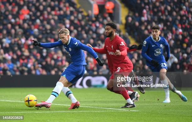 Mykhailo Mudryk of Chelsea misses a chance during the Premier League match between Liverpool FC and Chelsea FC at Anfield on January 21, 2023 in...