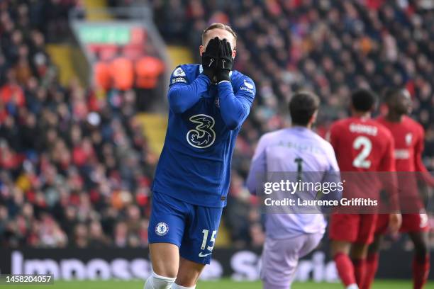 Mykhailo Mudryk of Chelsea reacts after a missed chance during the Premier League match between Liverpool FC and Chelsea FC at Anfield on January 21,...