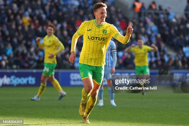Kieran Dowell of Norwich City celebrates after scoring the team's fourth goal during the Sky Bet Championship between Coventry City and Norwich City...