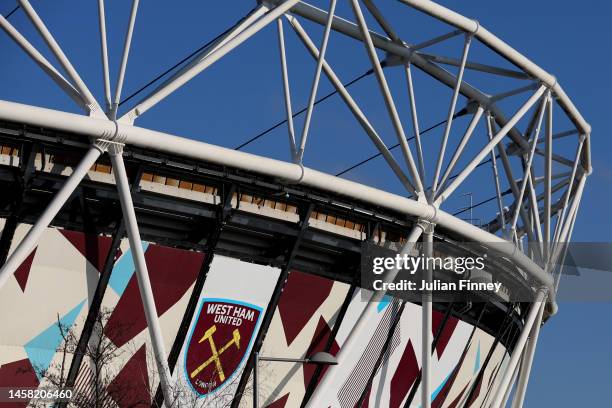 General view outside the stadium prior to the Premier League match between West Ham United and Everton FC at London Stadium on January 21, 2023 in...