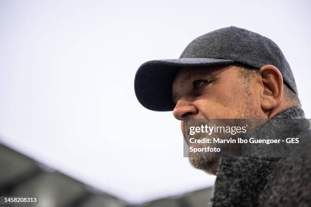 Joerg Schmadtke, Director of Sport for VfL Wolfsburg looks on prior to the Bundesliga match between VfL Wolfsburg and Sport-Club Freiburg at...