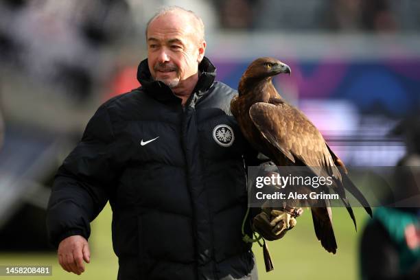 Attila the Eagle, Mascot of Eintracht Frankfurt, is carried on the pitch prior to the Bundesliga match between Eintracht Frankfurt and FC Schalke 04...