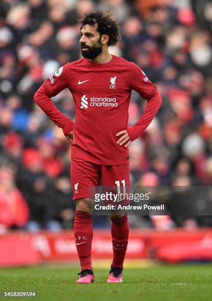 Mohamed Salah of Liverpool during the Premier League match between Liverpool FC and Chelsea FC at Anfield on January 21, 2023 in Liverpool, England.