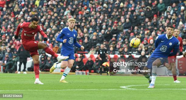 Cody Gakpo of Liverpool during the Premier League match between Liverpool FC and Chelsea FC at Anfield on January 21, 2023 in Liverpool, England.