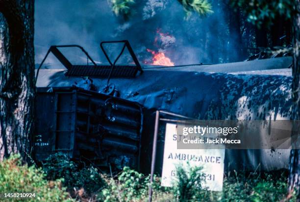 Train derailment of 36 cars with over 3/4 of the cars containing toxic chemicals in Livingston, LA. One of the cars containing tetraethyl exploded...