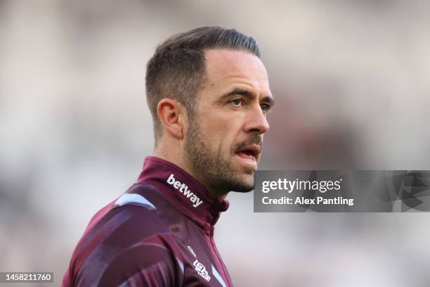 Danny Ings of West Ham United warms up prior to the Premier League match between West Ham United and Everton FC at London Stadium on January 21, 2023...