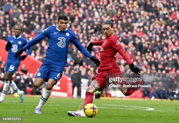 Darwin Nunez of Liverpool during the Premier League match between Liverpool FC and Chelsea FC at Anfield on January 21, 2023 in Liverpool, England.