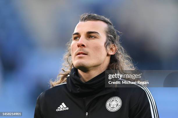 Caglar Soyuncu of Leicester City warms up prior to the Premier League match between Leicester City and Brighton & Hove Albion at The King Power...