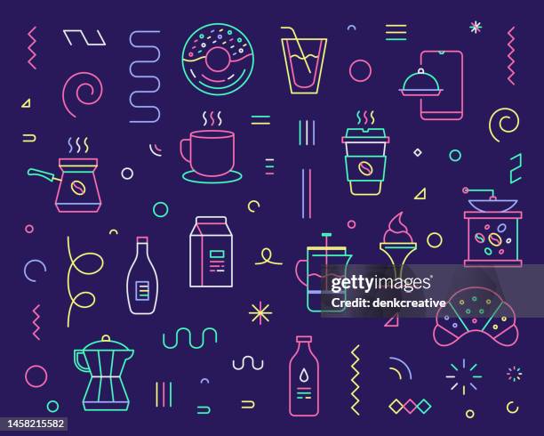 line icon set & pattern for coffee & tea shop - school-cafeteria stock illustrations