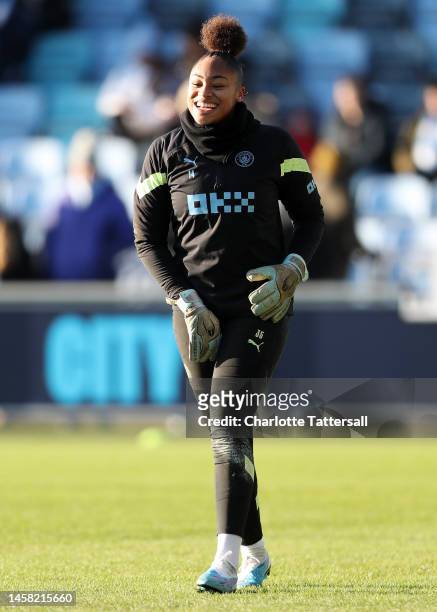 Khiara Keating of Manchester City warms up prior to the FA Women's Super League match between Manchester City and Aston Villa at The Academy Stadium...