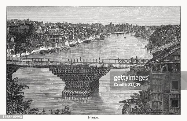 srinagar, jammu and kashmir, india, wood engraving, published in 1899 - srinagar stock illustrations