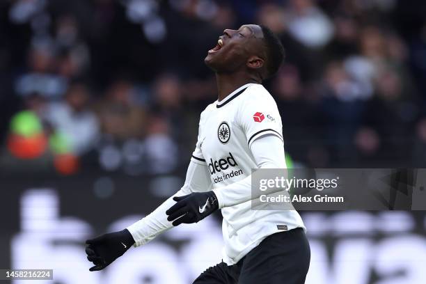 Randal Kolo Muani of Eintracht Frankfurt reacts during the Bundesliga match between Eintracht Frankfurt and FC Schalke 04 at Deutsche Bank Park on...