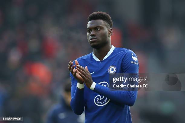 Benoit Badiashile of Chelsea applauds the fans after the draw during the Premier League match between Liverpool FC and Chelsea FC at Anfield on...