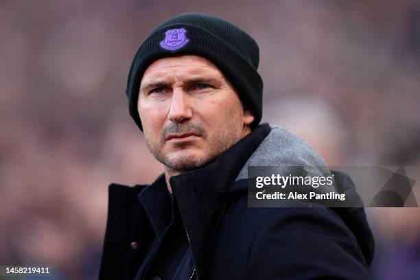 Frank Lampard, Manager of Everton, looks on prior to the Premier League match between West Ham United and Everton FC at London Stadium on January 21,...