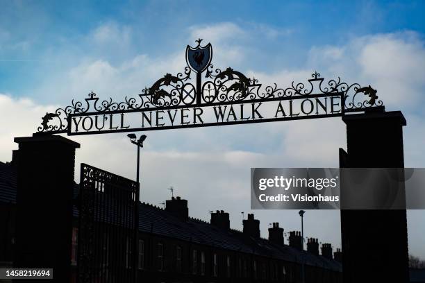 The Bill Shankly gates with the slogan 'You'll Never Walk Alone' displayed before the Premier League match between Liverpool FC and Chelsea FC at...