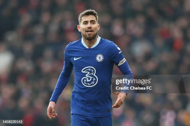 Jorginho of Chelsea reacts during the Premier League match between Liverpool FC and Chelsea FC at Anfield on January 21, 2023 in Liverpool, England.