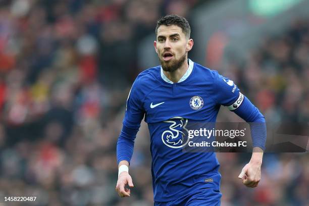 Jorginho of Chelsea looks on during the Premier League match between Liverpool FC and Chelsea FC at Anfield on January 21, 2023 in Liverpool, England.