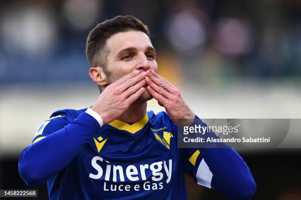 Darko Lazovic of Hellas Verona celebrates after scoring the team's second goal during the Serie A match between Hellas Verona and US Lecce at Stadio...
