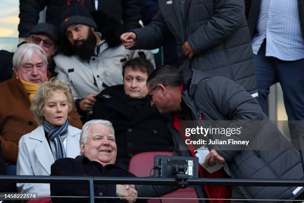 Bill Kenwright, chairman of Everton looks on during the Premier League match between West Ham United and Everton FC at London Stadium on January 21,...