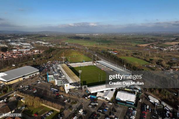 An aerial view of Sandy Park prior to the Heineken Champions Cup Pool A match between Exeter Chiefs and Castres Olympique at Sandy Park on January...